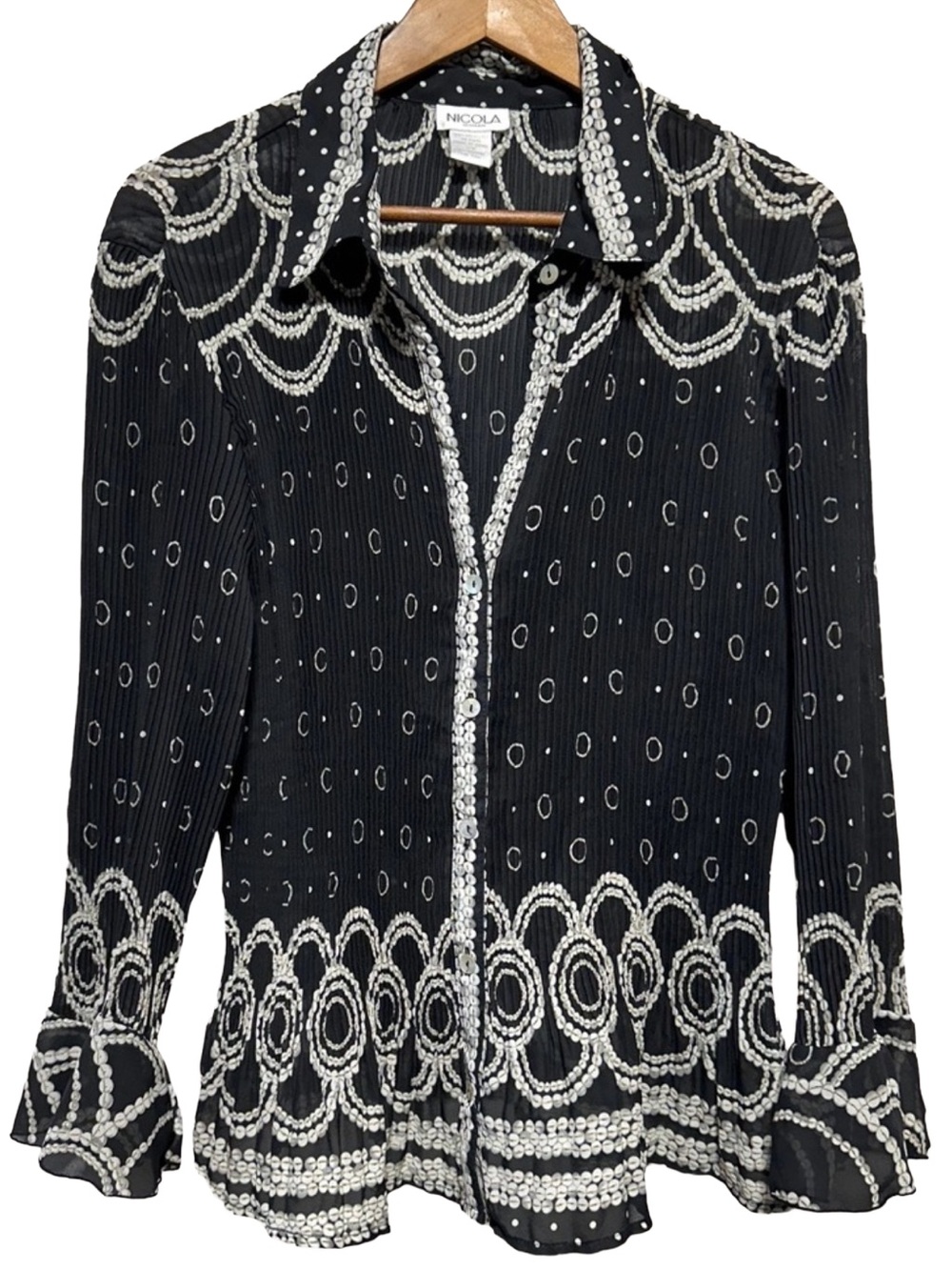 90s NICOLA Sheer Pearl Chain Print Blouse Dark Academia Gothic Boho